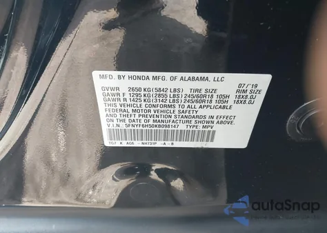 2019 Honda Pilot Ex-L from USA, damaged, VIN 5FNYF6H50KB098147